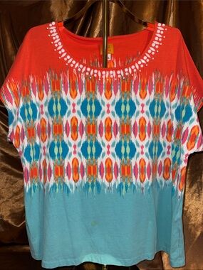 Ruby Rd. Coral and Aqua Short Sleeve Patterned Tee with Embellished Neck